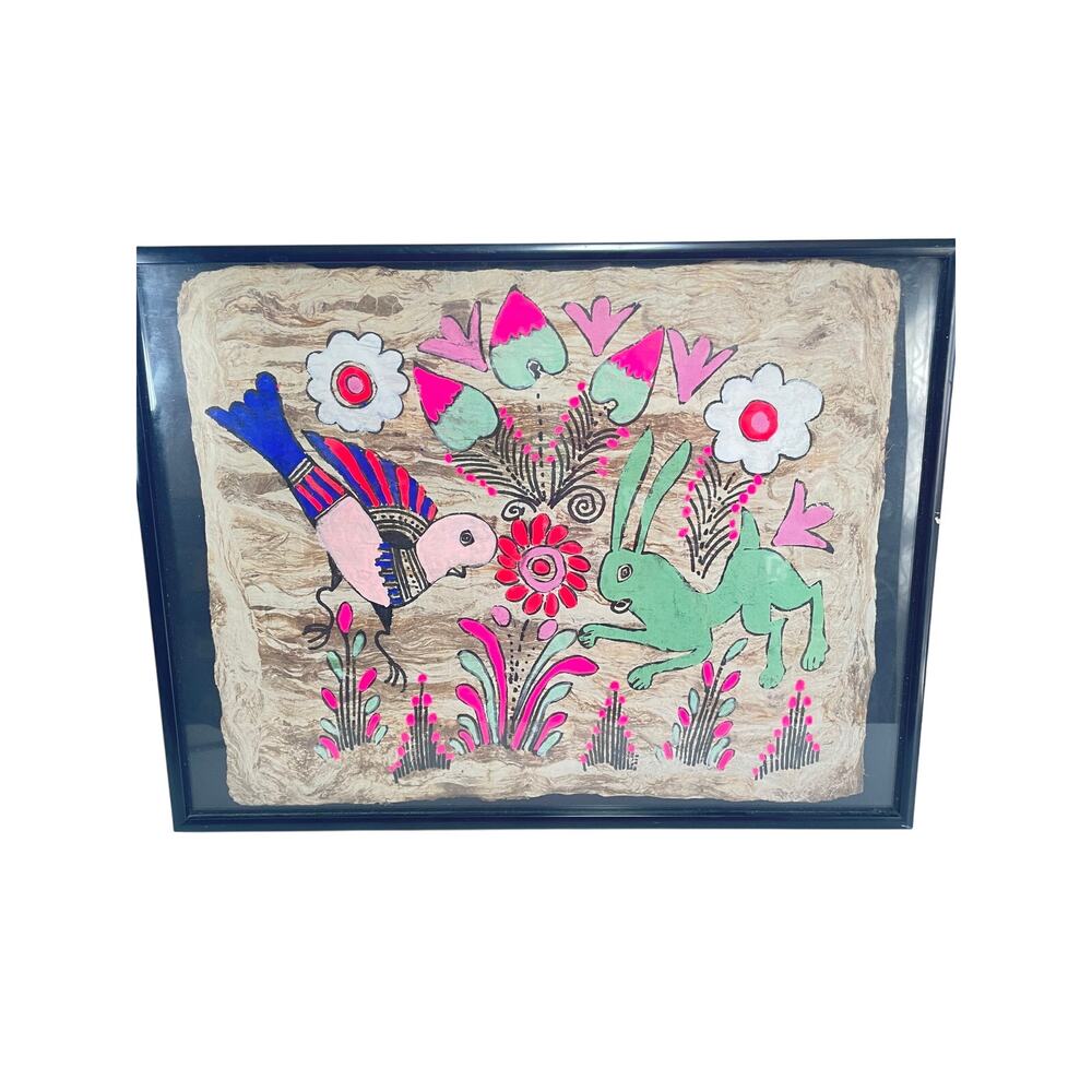 Vintage Mexican Amate Fold Art Bark Paper Bright Floral Bird Rabbit Painting